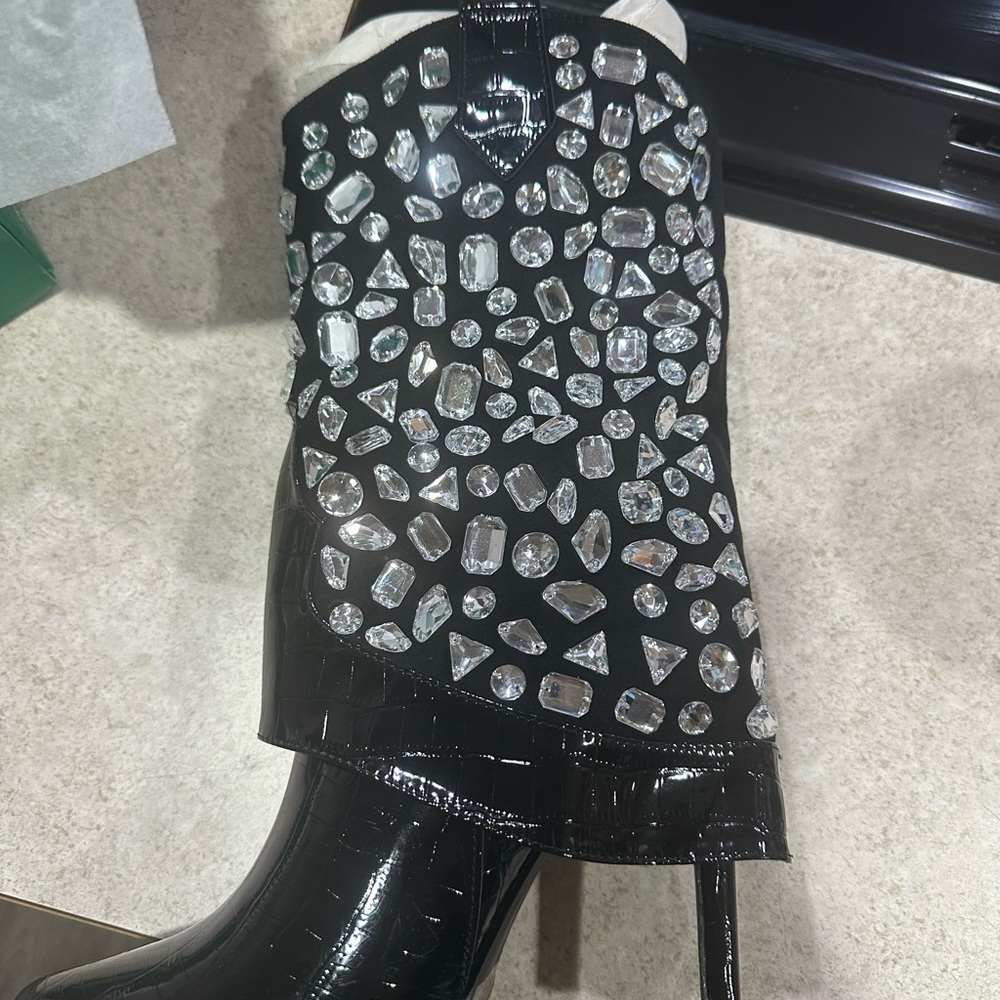 Lauren Lorraine Black Crystal Embellished Heeled Boots size 8.5